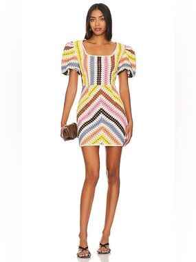 ELLIATT Labassa Crochet Puff Sleeve Mini Dress Rainbow Striped Chevron NWT XXS